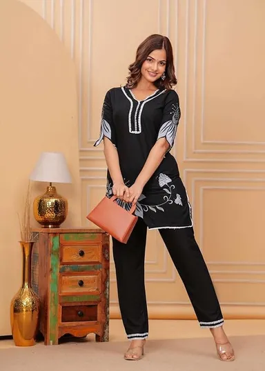 Little Crafts | Women's Cotton Floral Printed Kurti with Pant Set| Short Straight Design| Black| Office and Daily Wear|Medium thumbnail 2