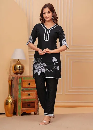 Little Crafts | Women's Cotton Floral Printed Kurti with Pant Set| Short Straight Design| Black| Office and Daily Wear|Medium thumbnail 4