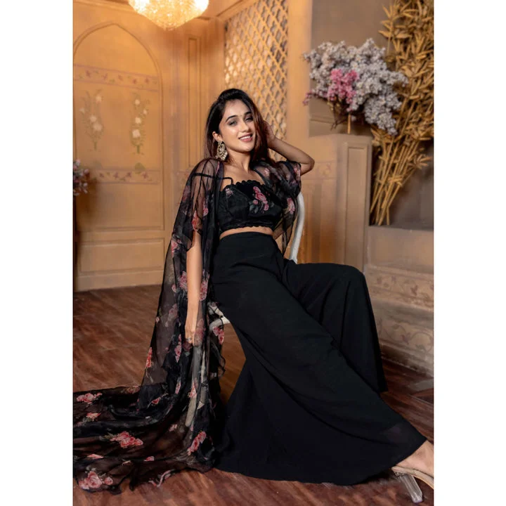 Women’s Black Floral Organza Jacket & Palazzo Set | Stitched Festive Wear image 2