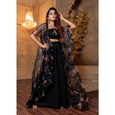 Women’s Black Floral Organza Jacket & Palazzo Set | Stitched Festive Wear thumbnail 2