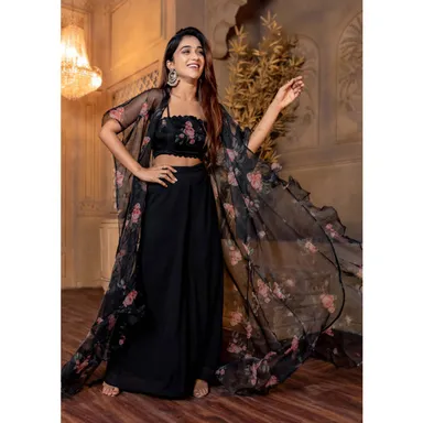 Women’s Black Floral Organza Jacket & Palazzo Set | Stitched Festive Wear thumbnail 0