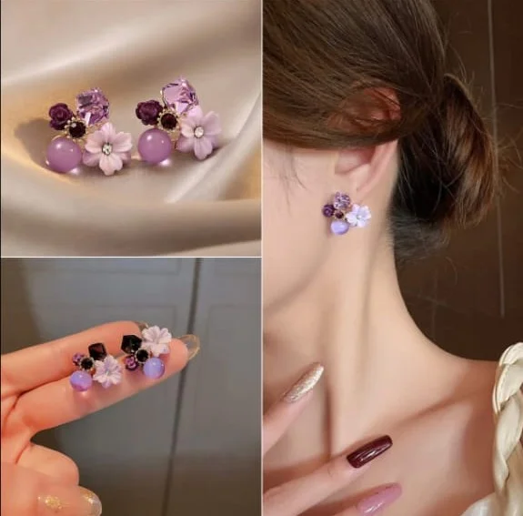 Purple Crystal Flower Earrings | Small Square Cubic Zirconia Studs | Women & Girls Fashion Jewelry | Elegant Gift Idea image 4