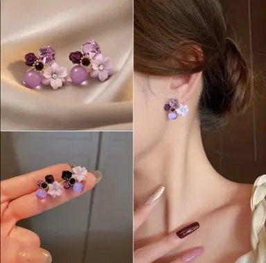 Purple Crystal Flower Earrings | Small Square Cubic Zirconia Studs | Women & Girls Fashion Jewelry | Elegant Gift Idea thumbnail 3