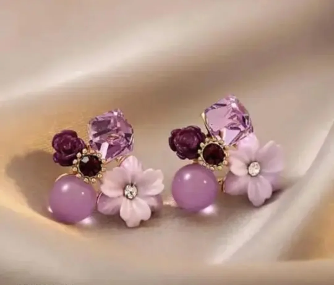 Purple Crystal Flower Earrings | Small Square Cubic Zirconia Studs | Women & Girls Fashion Jewelry | Elegant Gift Idea image 3