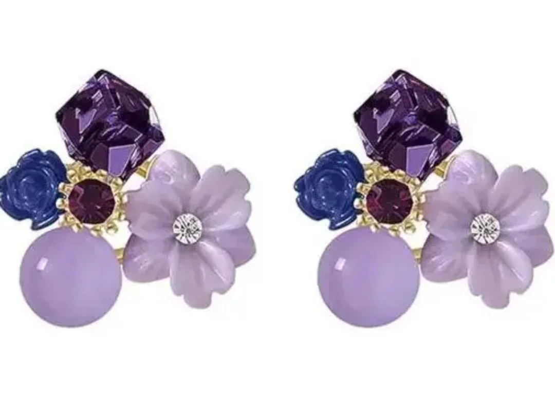 Purple Crystal Flower Earrings | Small Square Cubic Zirconia Studs | Women & Girls Fashion Jewelry | Elegant Gift Idea image 1