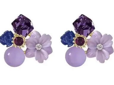 Purple Crystal Flower Earrings | Small Square Cubic Zirconia Studs | Women & Girls Fashion Jewelry | Elegant Gift Idea thumbnail 0
