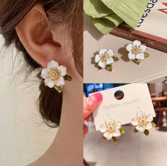 White Camellia Stud Earrings | Pearl Center Floral Studs | Bridal Gift image 5