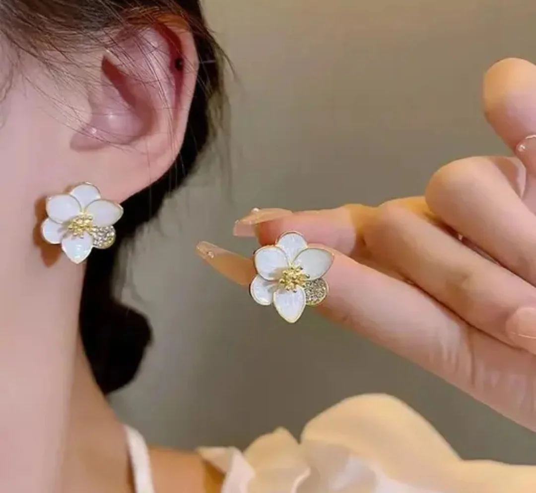 White Camellia Stud Earrings | Pearl Center Floral Studs | Bridal Gift image 4