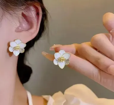 White Camellia Stud Earrings | Pearl Center Floral Studs | Bridal Gift thumbnail 3
