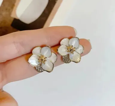 White Camellia Stud Earrings | Pearl Center Floral Studs | Bridal Gift thumbnail 0