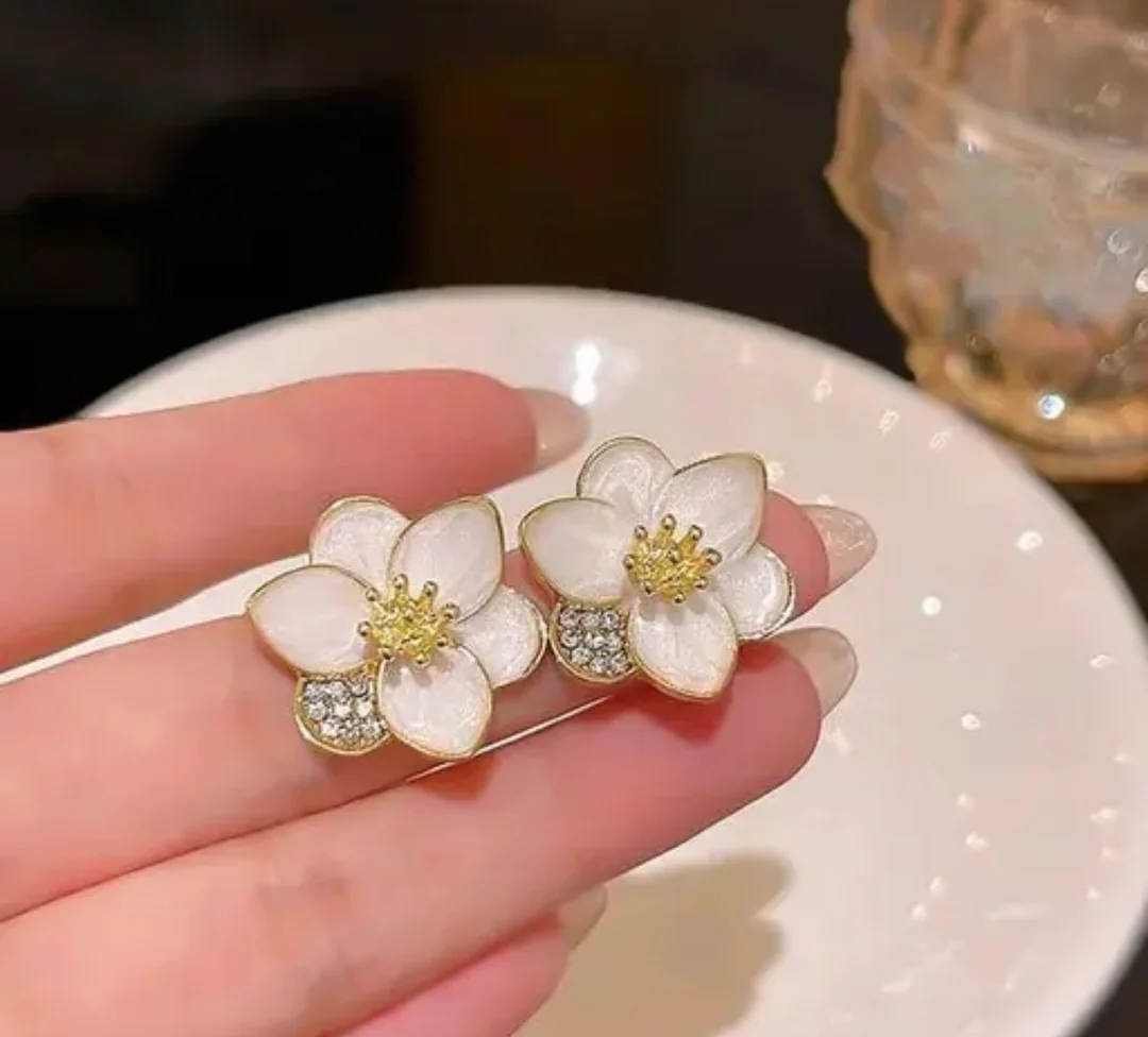 White Camellia Stud Earrings | Pearl Center Floral Studs | Bridal Gift image 2