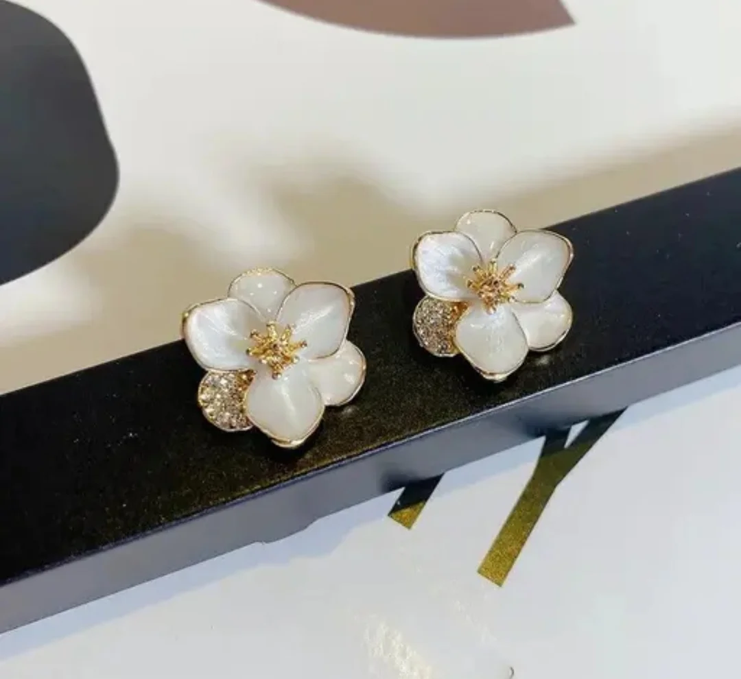 White Camellia Stud Earrings | Pearl Center Floral Studs | Bridal Gift image 3