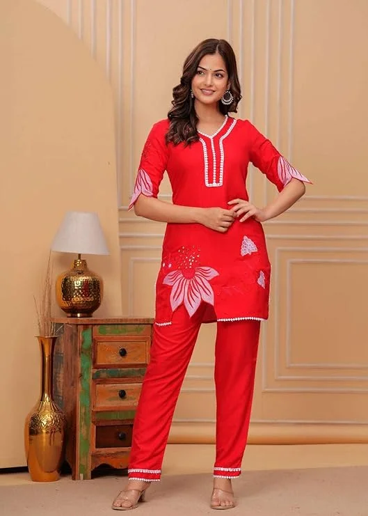 Little Crafts | Women’s Red Floral Cotton Kurti and Pant | Short Straight and Breathable Daily Wear |Medium Size image 2
