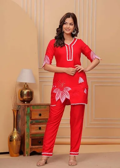 Little Crafts | Women’s Red Floral Cotton Kurti and Pant | Short Straight and Breathable Daily Wear |Medium Size thumbnail 1