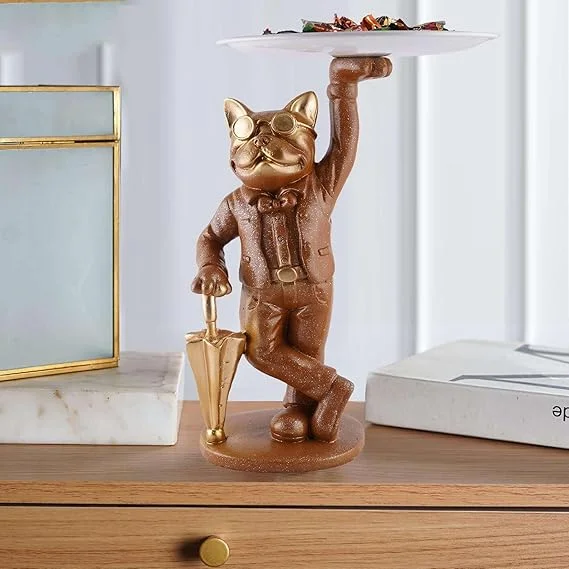 Resin Dog Showpiece with Tray Storage | Brown Dog Sculpture for Table Decor Office Gifts | Decorative Animal Figurine image 1