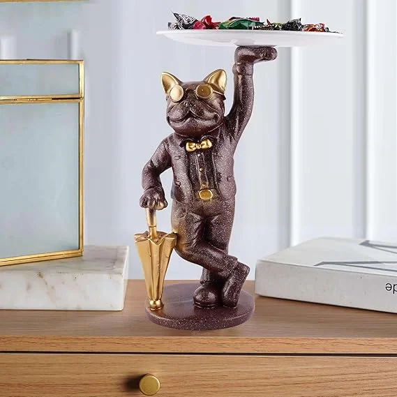 Chocolate Brown Resin Dog Showpiece with Tray Storage | Quirky Table Decor & Gift for Pet Lovers | Decorative Figurine for Home or Office image 1