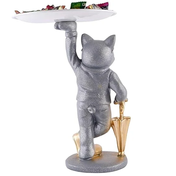 Resin Dog Showpiece with Tray | Grey Decor |Storage Gift image 3