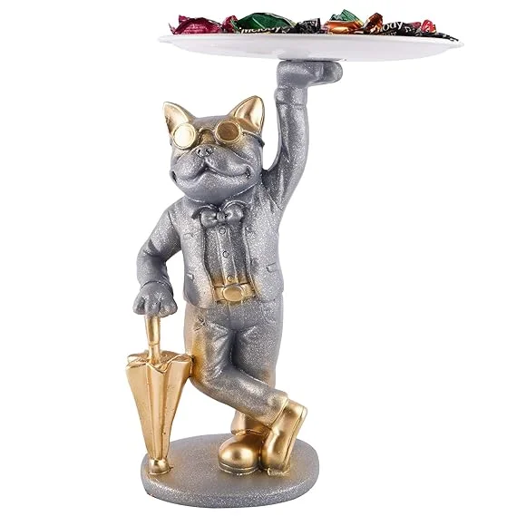 Resin Dog Showpiece with Tray | Grey Decor |Storage Gift image 2