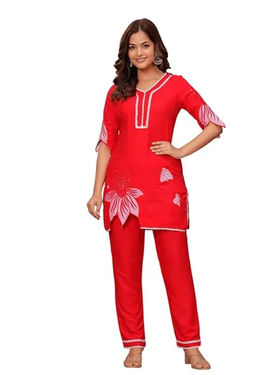 Women’s Cotton Floral Printed Short Straight Kurti with Pant Set | Red |XXL  Size |Casual and Office Wear thumbnail 0