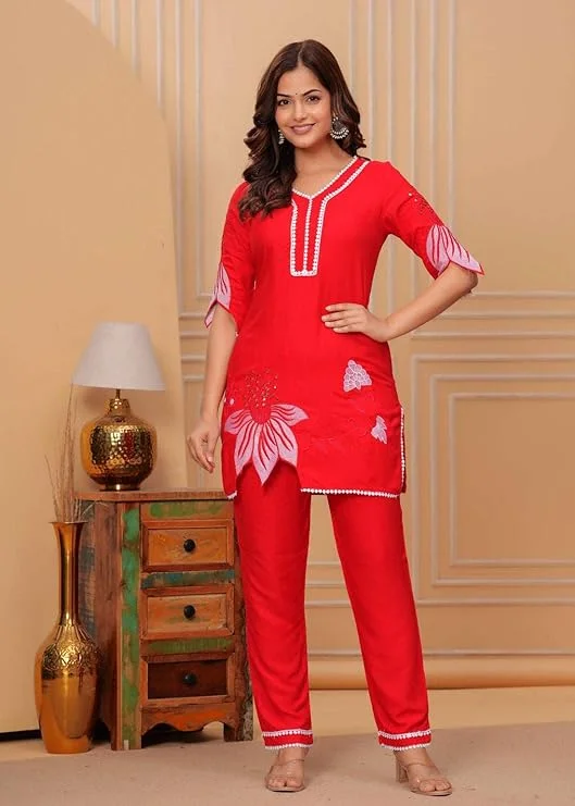 Women’s Cotton Floral Printed Short Straight Kurti with Pant Set | Red |XXL  Size |Casual and Office Wear image 3