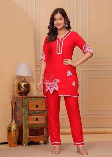 Women’s Cotton Floral Printed Short Straight Kurti with Pant Set | Red |XXL  Size |Casual and Office Wear thumbnail 2