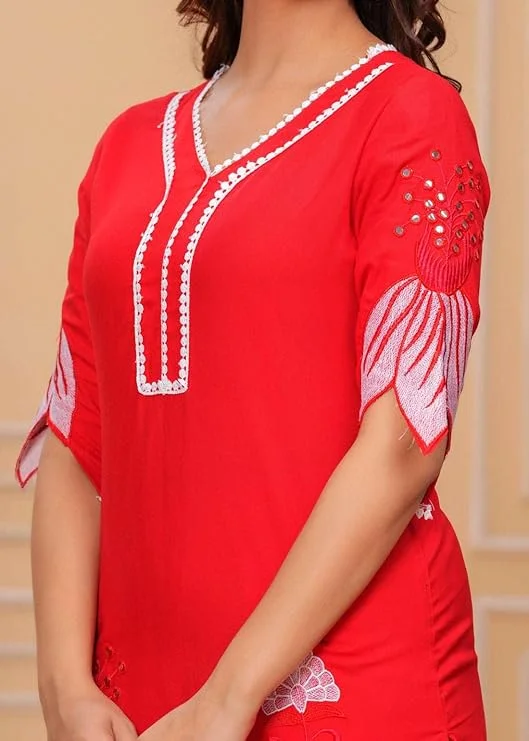Women’s Cotton Floral Printed Short Straight Kurti with Pant Set | Red |XXL  Size |Casual and Office Wear image 4