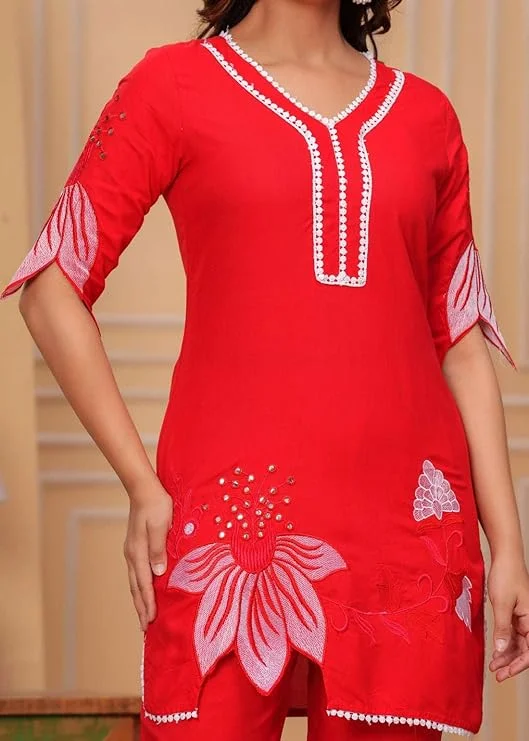 Women’s Cotton Floral Printed Short Straight Kurti with Pant Set | Red |XXL  Size |Casual and Office Wear image 5