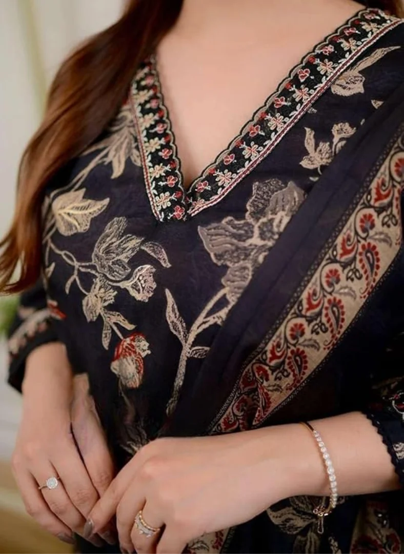 Women's Cotton Floral Printed Straight Kurti Set with Afghani Pants and Dupatta | Black XL | Ethnic Wear for Festive & Office image 2