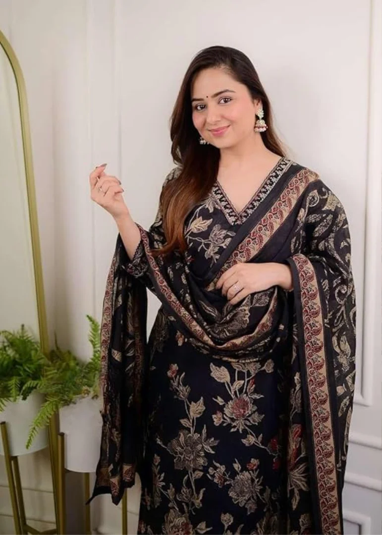 Women's Cotton Floral Printed Straight Kurti Set with Afghani Pants and Dupatta | Black XL | Ethnic Wear for Festive & Office image 4