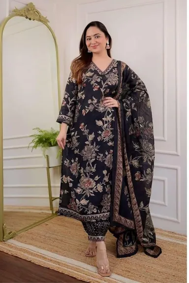 Women's Cotton Floral Printed Straight Kurti Set with Afghani Pants and Dupatta | Black XL | Ethnic Wear for Festive & Office thumbnail 0