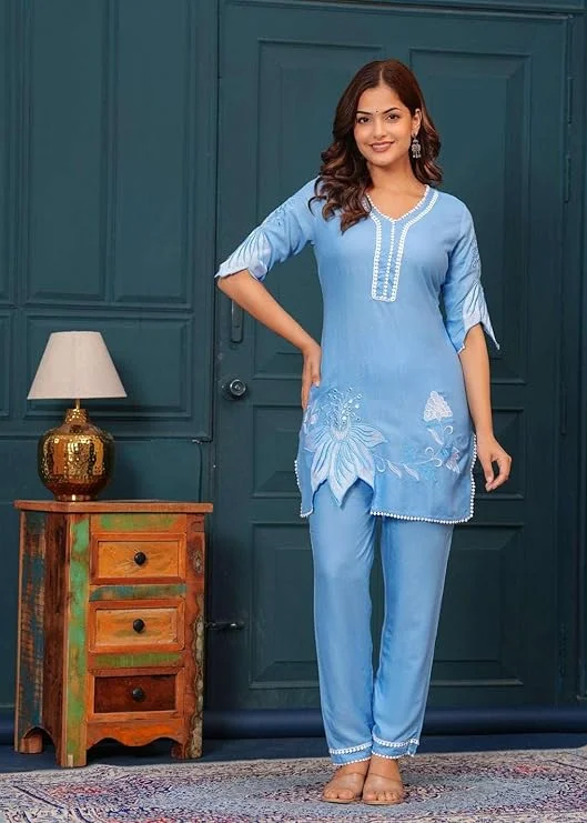 Little Crafts | Women’s Cotton Floral Printed Short Straight Kurti with Pant| Sky Blue| Medium SIze | Daily and Office Wear image 2