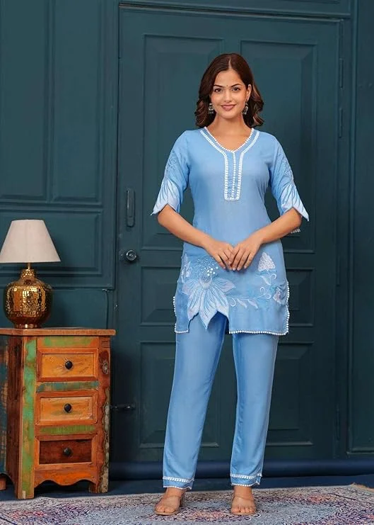 Little Crafts | Women’s Cotton Floral Printed Short Straight Kurti with Pant| Sky Blue| Medium SIze | Daily and Office Wear image 3