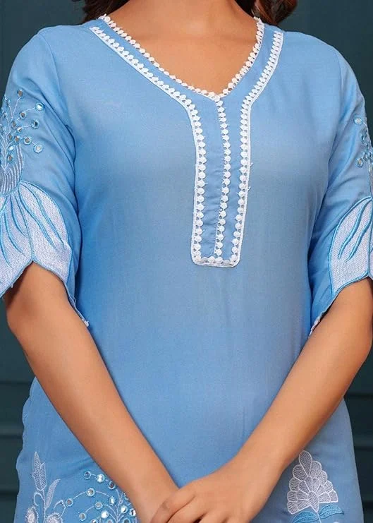 Little Crafts | Women’s Cotton Floral Printed Short Straight Kurti with Pant| Sky Blue| Medium SIze | Daily and Office Wear image 4