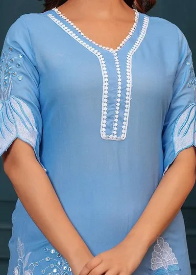 Little Crafts | Women’s Cotton Floral Printed Short Straight Kurti with Pant| Sky Blue| Medium SIze | Daily  and Office Wear thumbnail 3