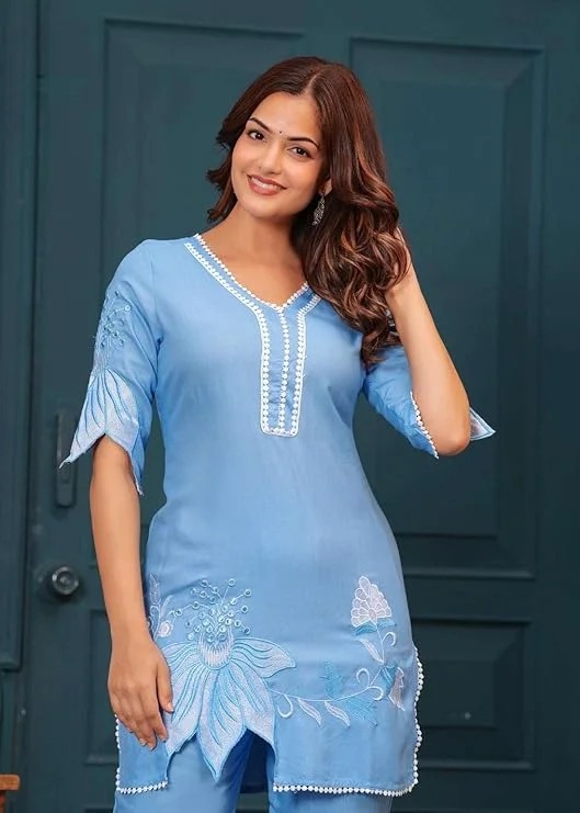 Little Crafts | Women’s Cotton Floral Printed Short Straight Kurti with Pant| Sky Blue| Medium SIze | Daily and Office Wear image 5