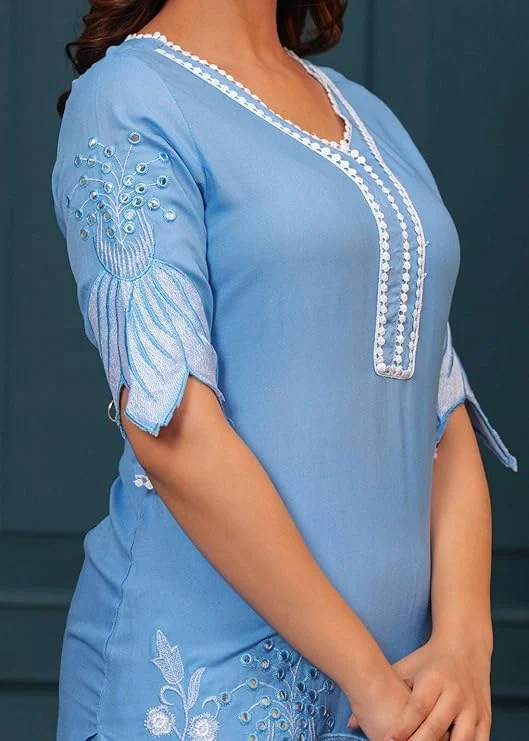 Little Crafts | Women’s Cotton Floral Printed Short Straight Kurti with Pant| Sky Blue| Medium SIze | Daily and Office Wear image 6