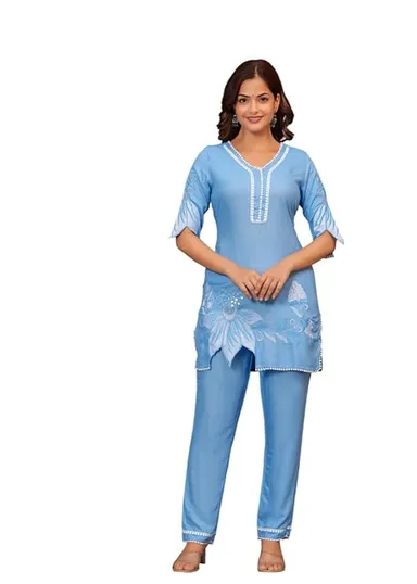 Little Crafts | Women’s Cotton Floral Printed Short Straight Kurti with Pant| Sky Blue| Medium SIze | Daily  and Office Wear thumbnail 0