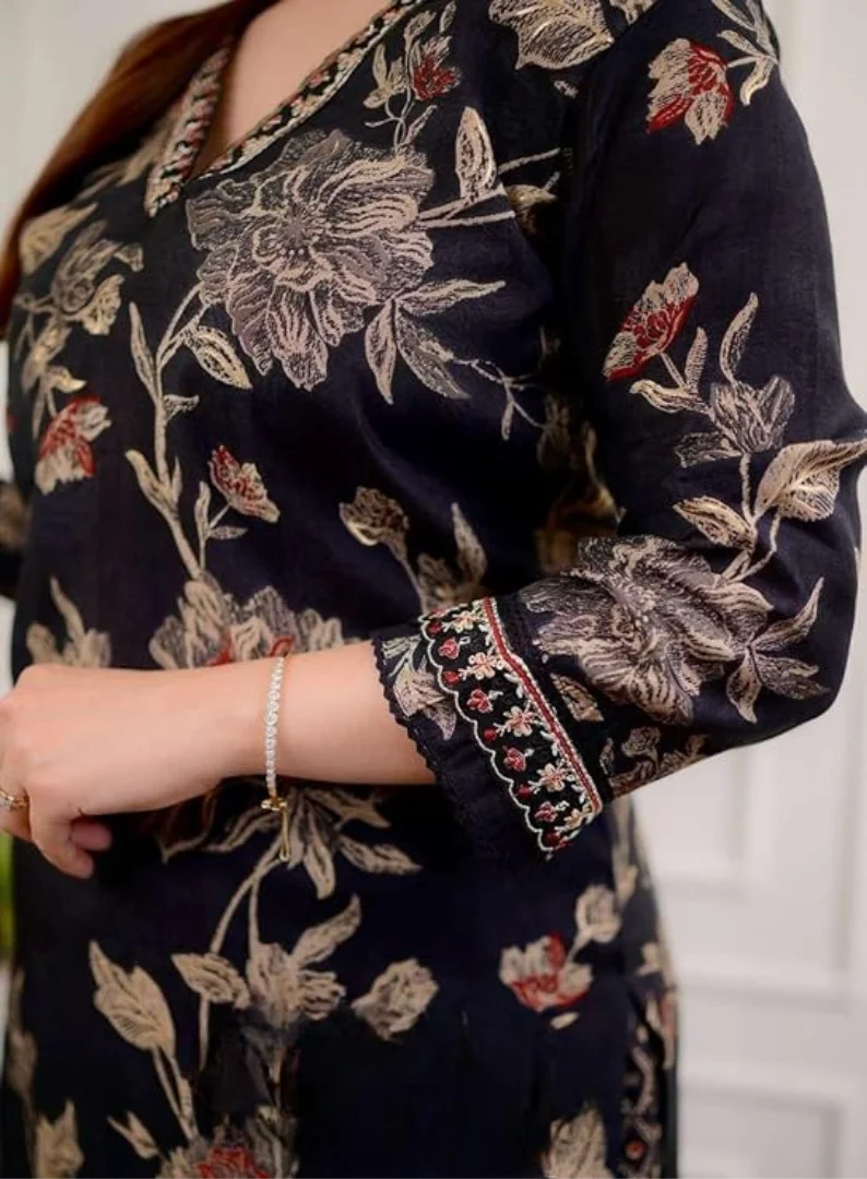Cotton Floral Printed Straight Kurti Set | Afghani Pant And Dupatta | Plus Size XXL | Summer Ethnic Wear Black image 3