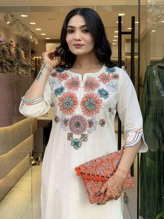 Women's Pure Cotton Embroidery Floral Printed Straight Co Ord Set Kurti with Pant | White | Summer and Daily Wear image 4