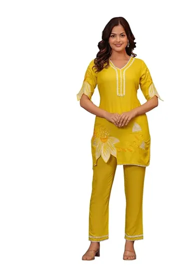 Women Cotton Floral Kurti Pant Set| Short Straight | Yellow | XL| Summer Office Wear thumbnail 0