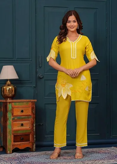 Women Cotton Floral Kurti Pant Set| Short Straight | Yellow | XL| Summer Office Wear thumbnail 1