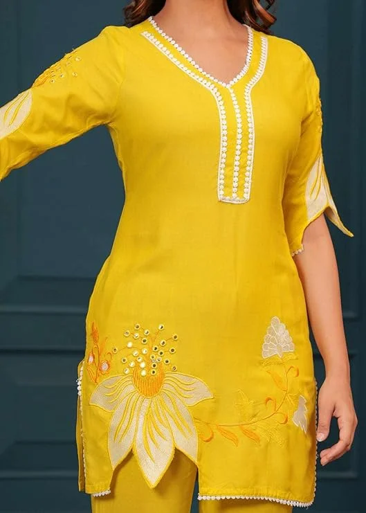 Women Cotton Floral Kurti Pant Set| Short Straight | Yellow | XL| Summer Office Wear image 5