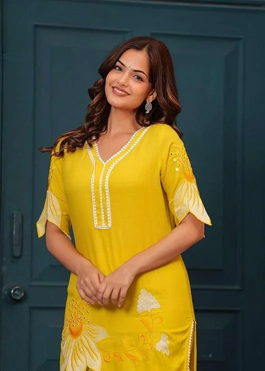 Women Cotton Floral Kurti Pant Set| Short Straight | Yellow | XL| Summer Office Wear image 6