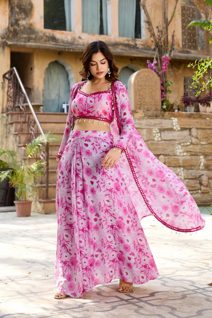 Indo Western Floral Co-ord Set | Mirror-Work Crop Top & Long Skirt | Lightweight Jacket Shrug | Pink image 3