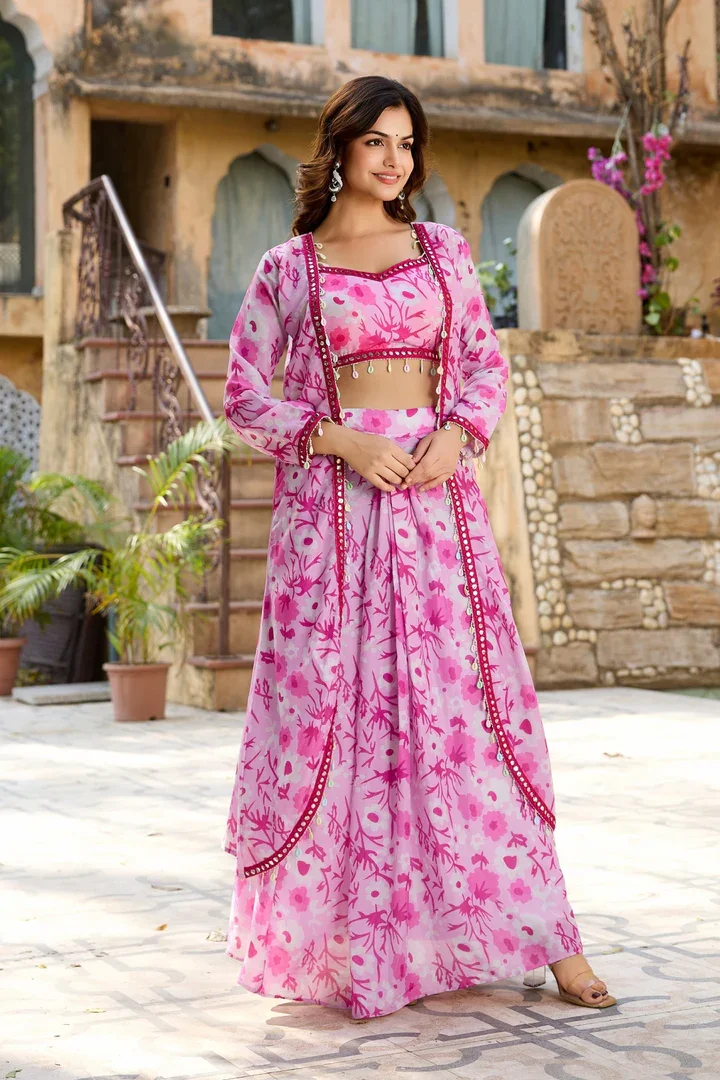 Indo Western Floral Co-ord Set | Mirror-Work Crop Top & Long Skirt | Lightweight Jacket Shrug | Pink image 2