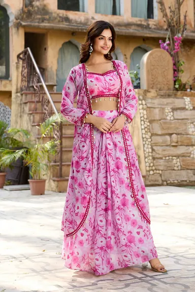 Indo Western Floral Co-ord Set | Mirror-Work Crop Top & Long Skirt | Lightweight Jacket Shrug | Pink thumbnail 1