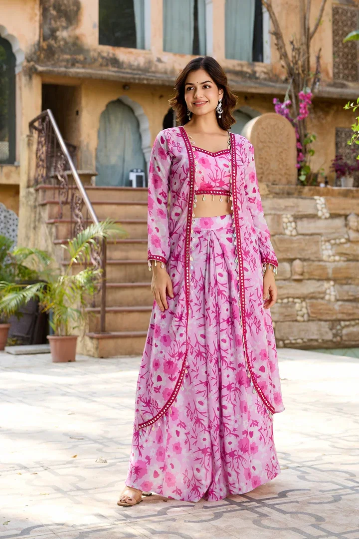 Indo Western Floral Co-ord Set | Mirror-Work Crop Top & Long Skirt | Lightweight Jacket Shrug | Pink image 1