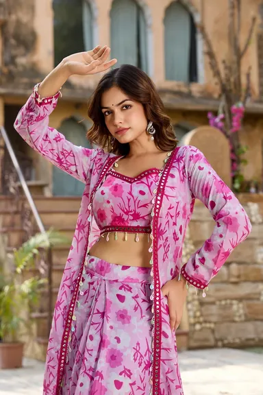 Indo Western Floral Co-ord Set | Mirror-Work Crop Top & Long Skirt | Lightweight Jacket Shrug | Pink thumbnail 3