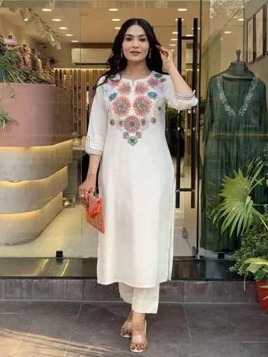 Women's Cotton Kurti Set | Embroidered Floral Pant Combo | White-L thumbnail 1