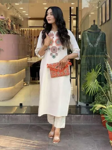 Women's Cotton Kurti Set | Embroidered Floral Pant Combo | White-L thumbnail 2